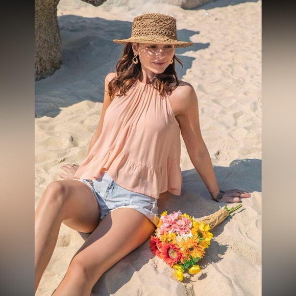 #132 Solid Ruffled Flowy Peachy Top with adjustable tie Halter Neck 100% Viscose - Picture 2 of 5